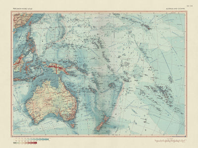 Ancienne carte de l'Australie et de l'Océanie, 1967 : Nouvelle-Zélande, Bornéo, Polynésie, Micronésie, Hawaï, îles du Pacifique 