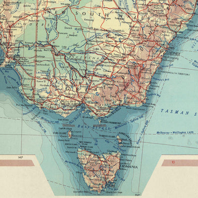 Ancienne carte de l'Australie, 1967 : carte politique et physique des États et territoires 