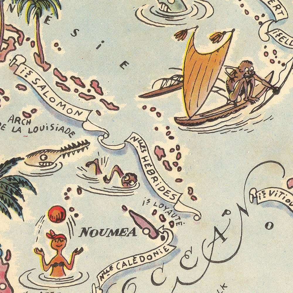 Antigua Mapa Pictórico de Australia y Oceanía por Liozu, 1951: Nueva Zelanda, Fiyi, Papúa Nueva Guinea, Hawái, Islas del Pacífico 