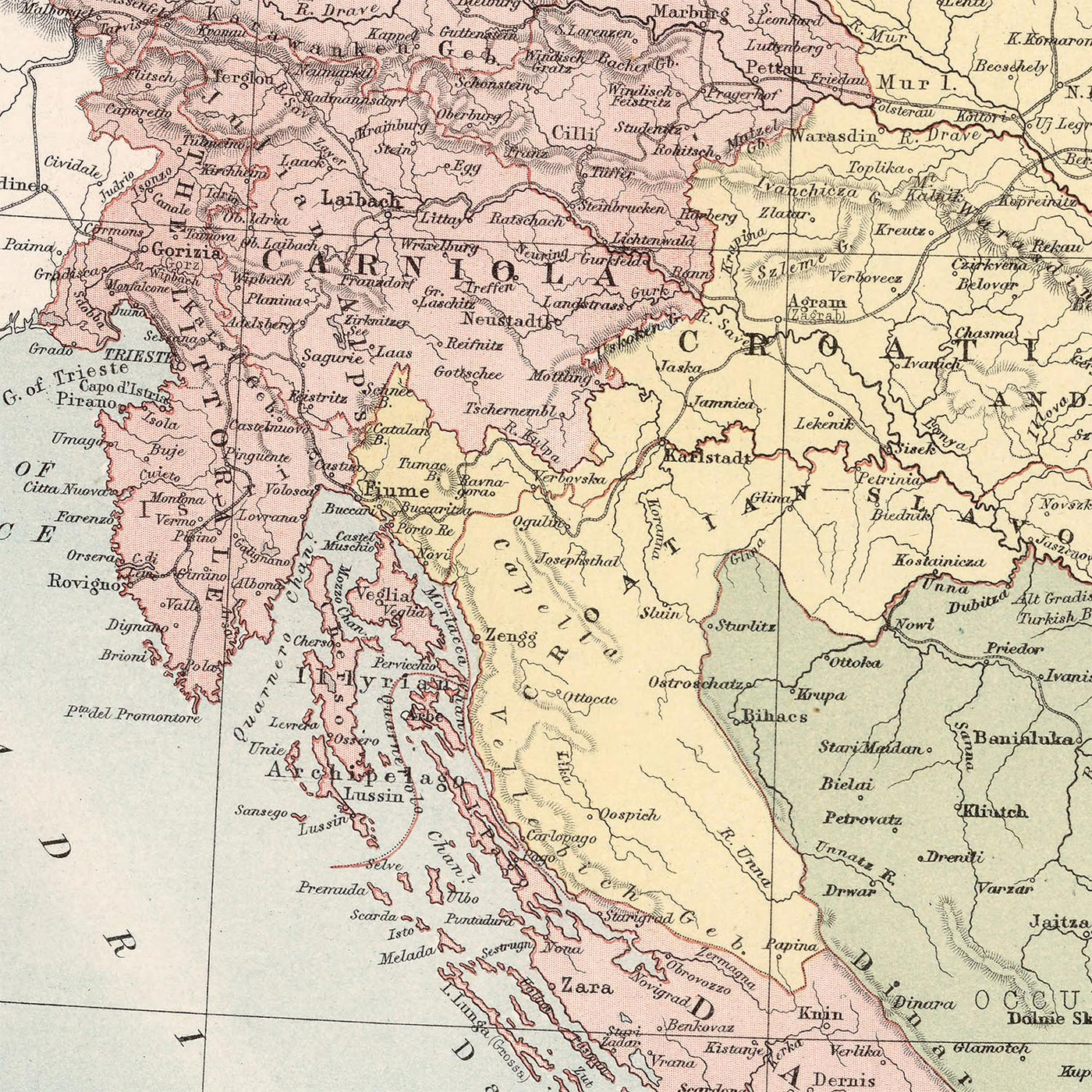 Old Map of Austria-Hungary by Black, 1884: Vienna, Budapest, Alps, Danube, Adriatic