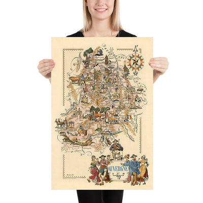 Old Pictorial Map of Auvergne by Liozu, 1951: Clermont-Ferrand, Puy de Dôme, Vichy, Mont Dore, Castles
