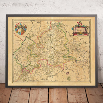 Ancienne carte du Bade-Wurtemberg par Willem Blaeu, 1635 : Stuttgart, Heidelberg, Mannheim, Karlsruhe et Ulm, avec la rivière Neckar, le lac de Constance et la Forêt-Noire