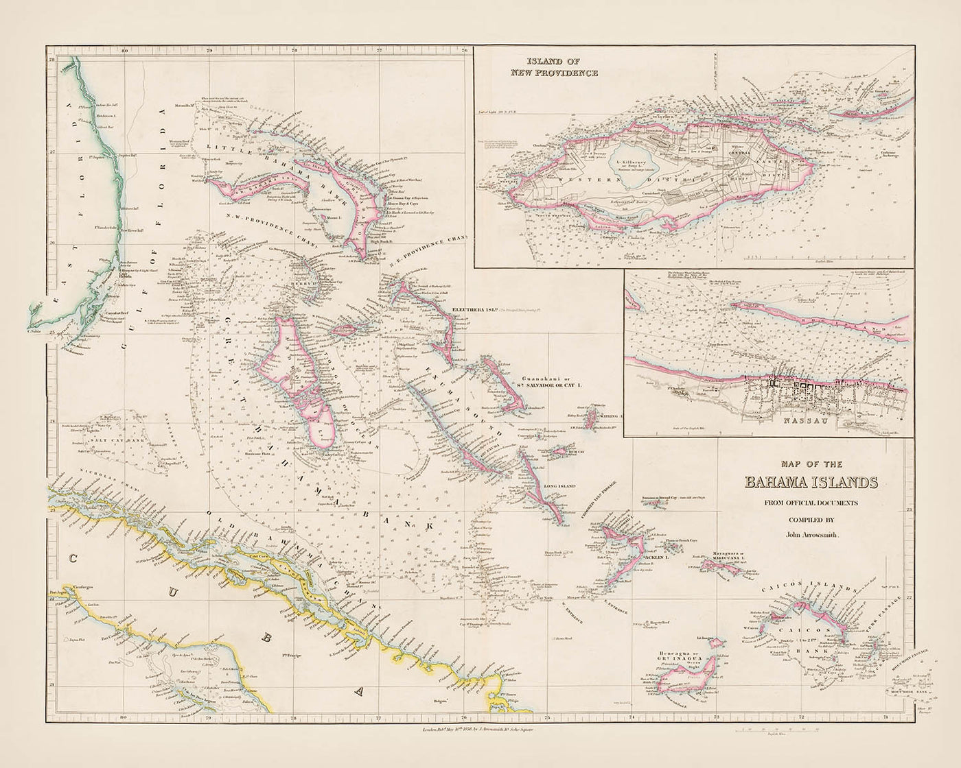 Alte Karte der Bahamas von Arrowsmith, 1858: Nassau, New Providence, Kanäle, Banken, Küstenlinien 