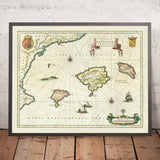 Ancienne carte des îles Baléares, 1640 : Majorque, Minorque, Ibiza, côte catalane, monstres marins 