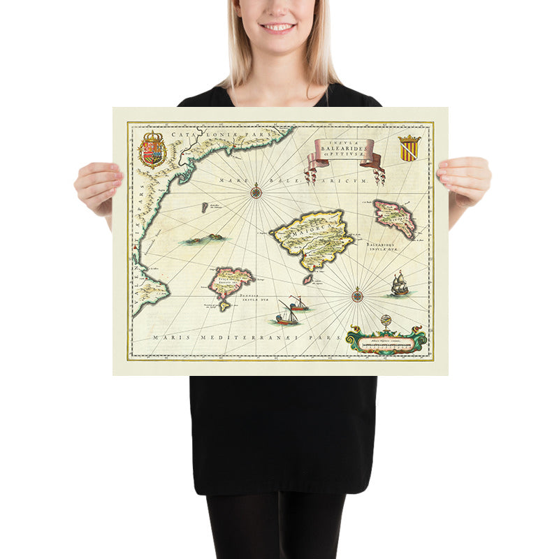 Old Map of the Balearic Islands, 1640: Majorca, Minorca, Ibiza, Catalan Coastline, Sea Monsters