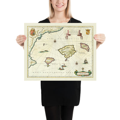 Old Map of the Balearic Islands, 1640: Majorca, Minorca, Ibiza, Catalan Coastline, Sea Monsters