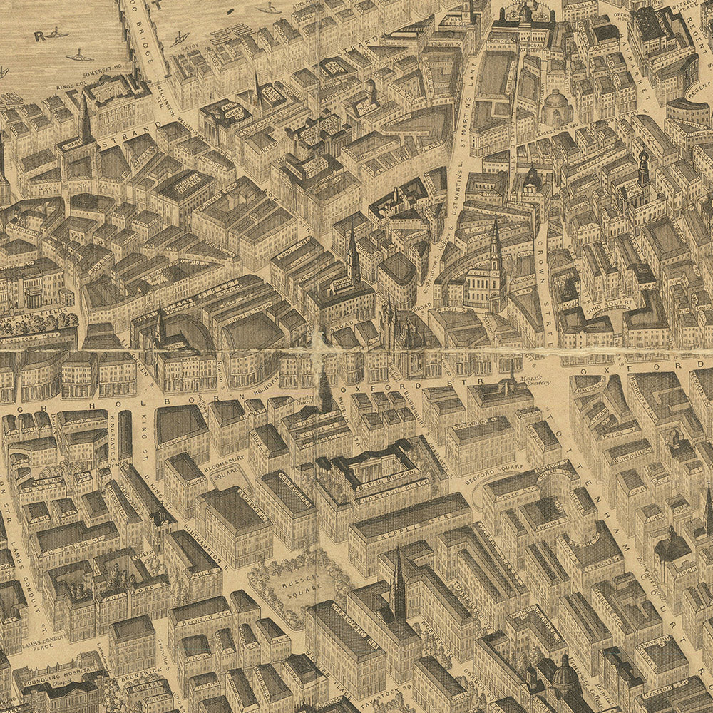 Ancienne carte picturale de Londres par Henry Banks, 1851 : "Une vue en ballon" du Palais de Buckingham, de la cathédrale Saint-Paul, du Parlement, du parc Hyde, etc. 