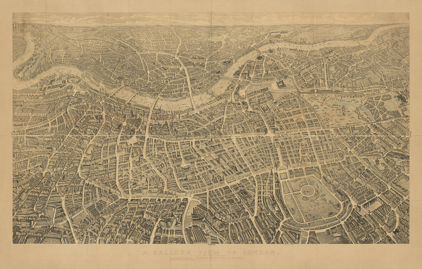 Ancienne carte picturale de Londres par Henry Banks, 1851 : "Une vue en ballon" du Palais de Buckingham, de la cathédrale Saint-Paul, du Parlement, du parc Hyde, etc. 
