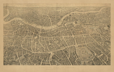Ancienne carte picturale de Londres par Henry Banks, 1851 : "Une vue en ballon" du Palais de Buckingham, de la cathédrale Saint-Paul, du Parlement, du parc Hyde, etc. 