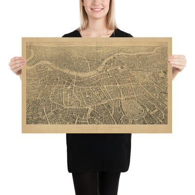 Ancienne carte picturale de Londres par Henry Banks, 1851 : "Une vue en ballon" du Palais de Buckingham, de la cathédrale Saint-Paul, du Parlement, du parc Hyde, etc. 