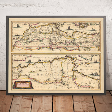Mappa antica della Barbiera di Visscher, 1690: Barbari, Algeri, Tunisi, Il Cairo, Isole Canarie, Deserto del Sahara 