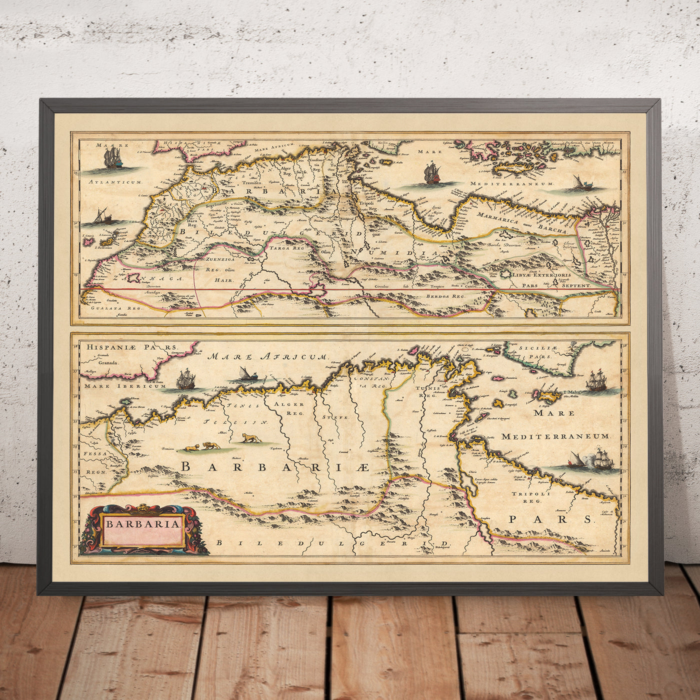 Mapa antiguo de Barbary por Visscher, 1690: Bárbaros, Argel, Túnez, El Cairo, Islas Canarias, Desierto del Sahara 