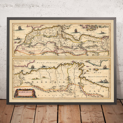Mapa antiguo de Barbary por Visscher, 1690: Bárbaros, Argel, Túnez, El Cairo, Islas Canarias, Desierto del Sahara 