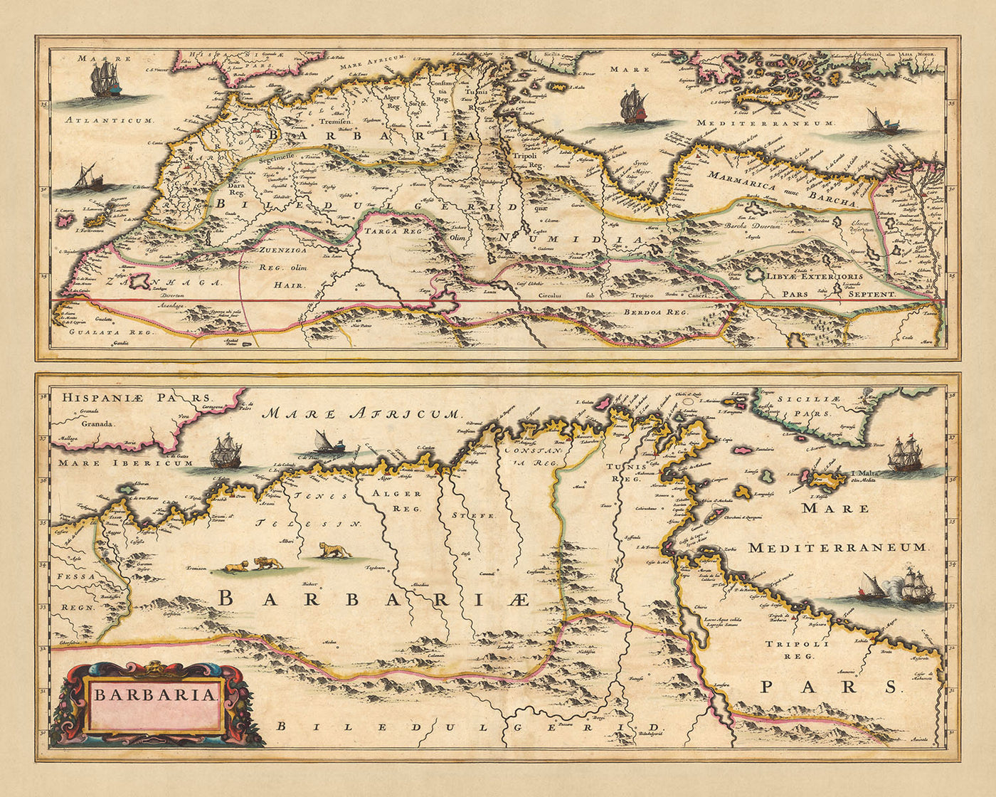 Mapa antiguo de Barbary por Visscher, 1690: Bárbaros, Argel, Túnez, El Cairo, Islas Canarias, Desierto del Sahara 