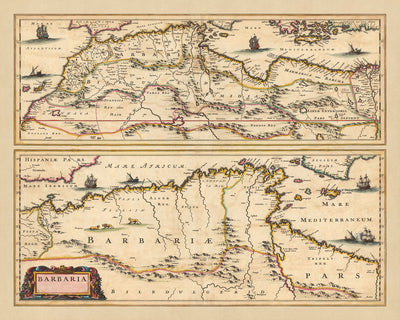 Mapa antiguo de Barbary por Visscher, 1690: Bárbaros, Argel, Túnez, El Cairo, Islas Canarias, Desierto del Sahara 