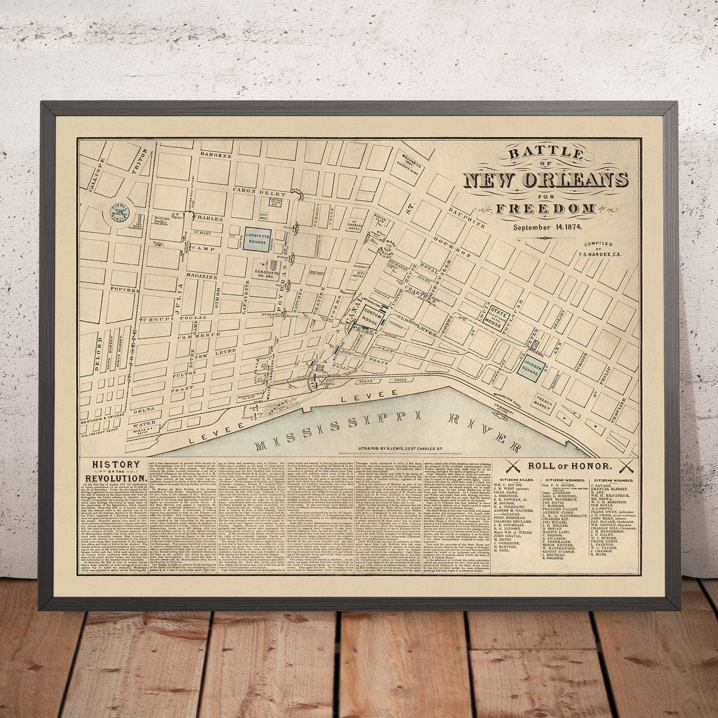 Alter Kampf von New Orleans, 1874 Karte: Jackson Square, Zollhaus, Staatsgebäude, Lafayette Square, Mississippi River 
