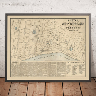 Alter Kampf von New Orleans, 1874 Karte: Jackson Square, Zollhaus, Staatsgebäude, Lafayette Square, Mississippi River 