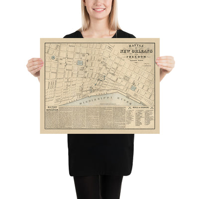 Alter Kampf von New Orleans, 1874 Karte: Jackson Square, Zollhaus, Staatsgebäude, Lafayette Square, Mississippi River 