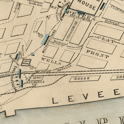 Alter Kampf von New Orleans, 1874 Karte: Jackson Square, Zollhaus, Staatsgebäude, Lafayette Square, Mississippi River 