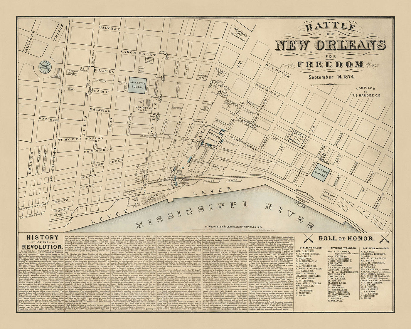 Alter Kampf von New Orleans, 1874 Karte: Jackson Square, Zollhaus, Staatsgebäude, Lafayette Square, Mississippi River 