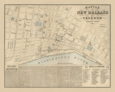Alter Kampf von New Orleans, 1874 Karte: Jackson Square, Zollhaus, Staatsgebäude, Lafayette Square, Mississippi River 