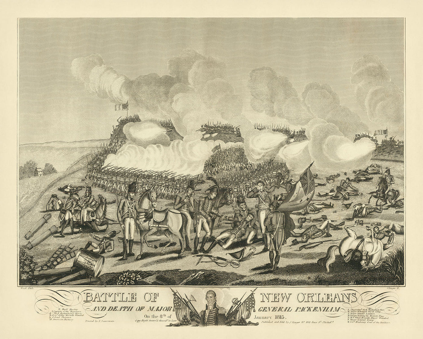 Schlacht von New Orleans und Tod von Generalmajor Packenham von William Edward West, 1817 