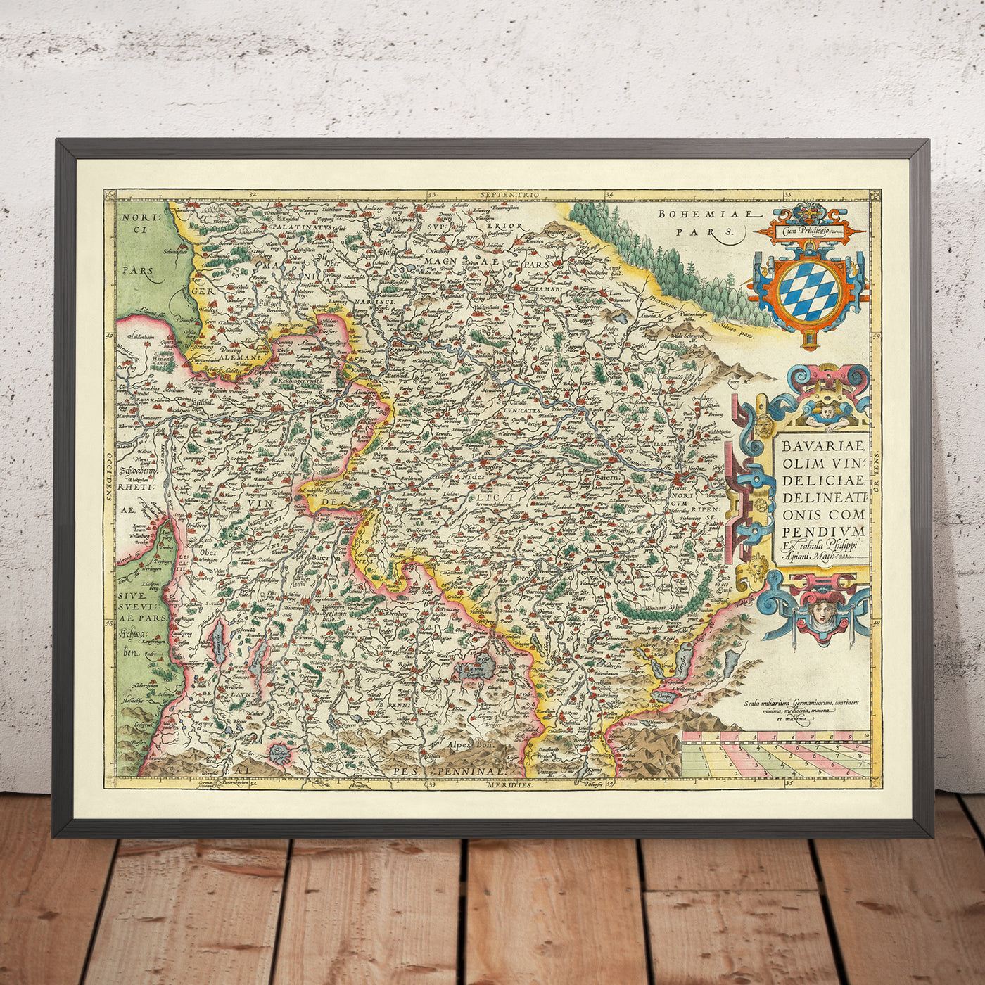 Antigua mapa de Baviera por Ortelius, 1579: Múnich, Núremberg, río Danubio, Alpes alemanes 