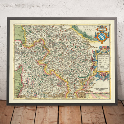 Antigua mapa de Baviera por Ortelius, 1579: Múnich, Núremberg, río Danubio, Alpes alemanes 