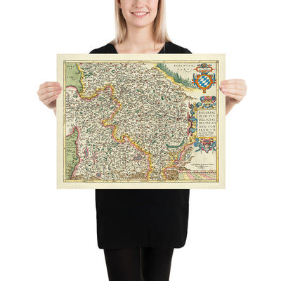 Antigua mapa de Baviera por Ortelius, 1579: Múnich, Núremberg, río Danubio, Alpes alemanes 