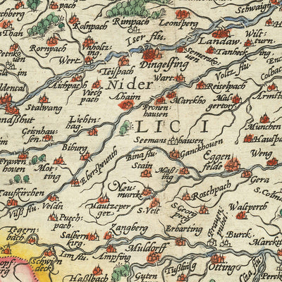 Antigua mapa de Baviera por Ortelius, 1579: Múnich, Núremberg, río Danubio, Alpes alemanes 