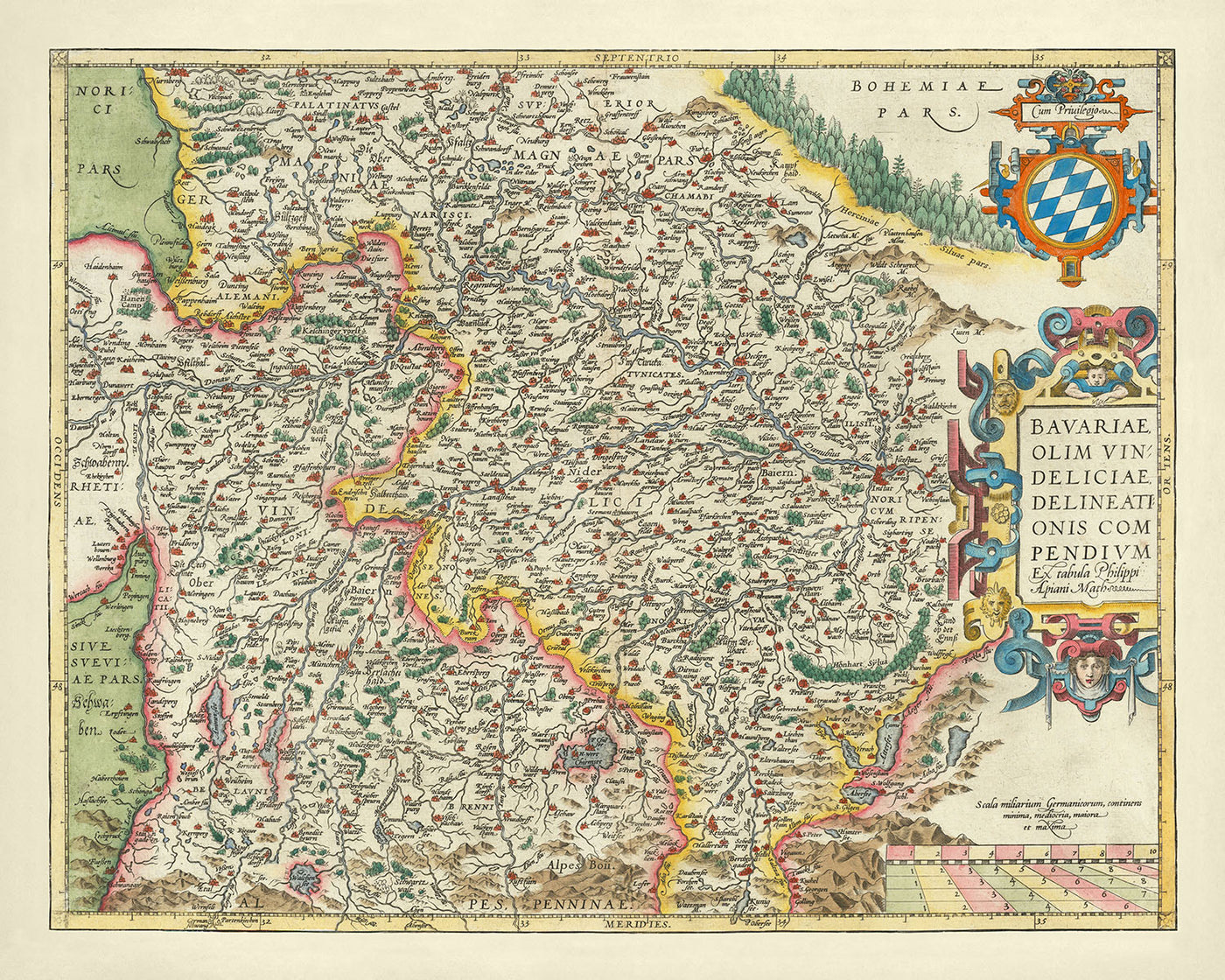 Antigua mapa de Baviera por Ortelius, 1579: Múnich, Núremberg, río Danubio, Alpes alemanes 