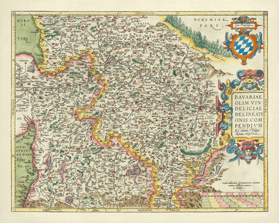Antigua mapa de Baviera por Ortelius, 1579: Múnich, Núremberg, río Danubio, Alpes alemanes 