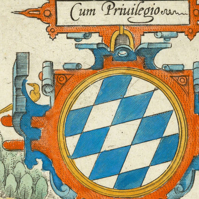 Antigua mapa de Baviera por Ortelius, 1579: Múnich, Núremberg, río Danubio, Alpes alemanes 