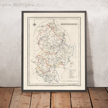 Mapa antiguo de Bedfordshire por Samuel Lewis, 1844: Luton, Dunstable, Leighton Buzzard, Biggleswade, Ampthill