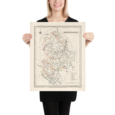 Alte Karte von Bedfordshire von Samuel Lewis, 1844: Luton, Dunstable, Leighton Buzzard, Biggleswade, Ampthill 
