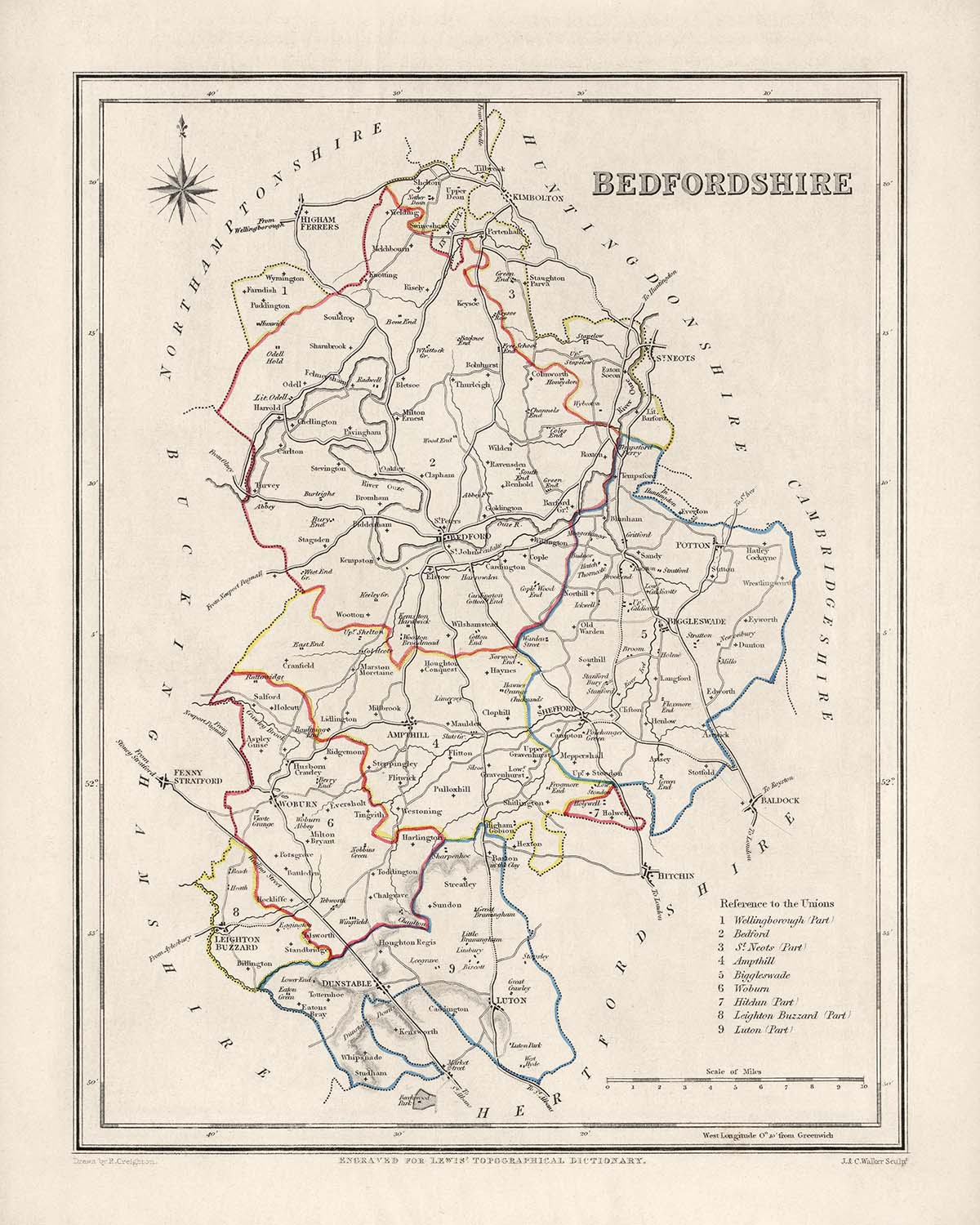 Alte Karte von Bedfordshire von Samuel Lewis, 1844: Luton, Dunstable, Leighton Buzzard, Biggleswade, Ampthill 