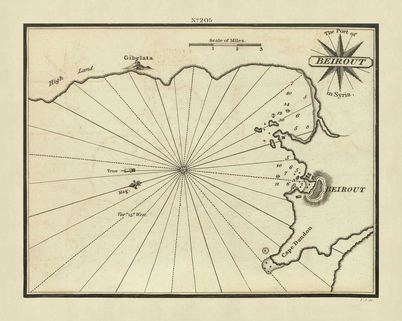 Old Port of Beirut Nautical Chart by Heather, 1802: Lebanon, Syria, Detailed Soundings