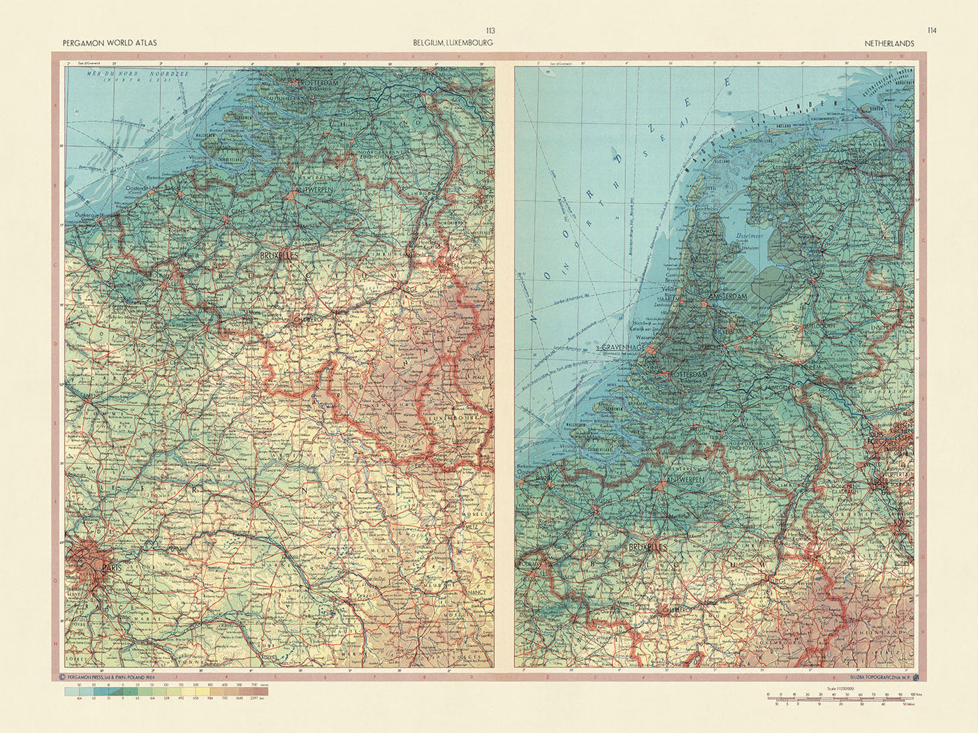 Antigua mapa de Bélgica, Luxemburgo y los Países Bajos, 1967: Límites, paisaje físico, ciudades principales, ríos, cadenas montañosas 