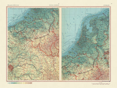 Antigua mapa de Bélgica, Luxemburgo y los Países Bajos, 1967: Límites, paisaje físico, ciudades principales, ríos, cadenas montañosas 