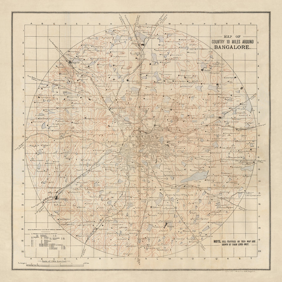 Mappa antica di Bengaluru, 1910: Città di Bangalore, Cantone, Bannerghatta, Lago Ulsoor, Serbatoio Sankey 