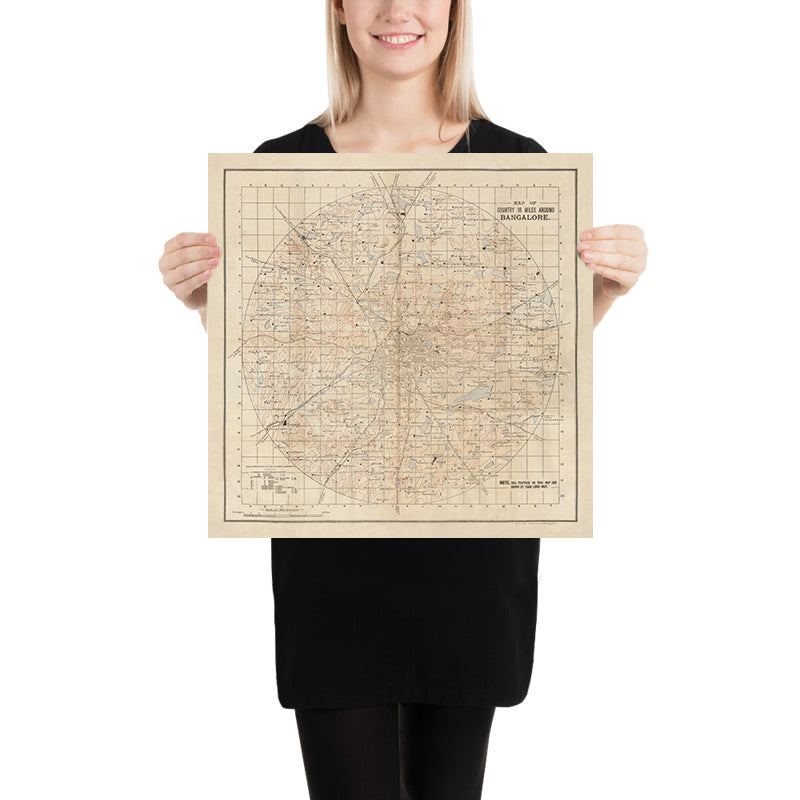 Mappa antica di Bengaluru, 1910: Città di Bangalore, Cantone, Bannerghatta, Lago Ulsoor, Serbatoio Sankey 