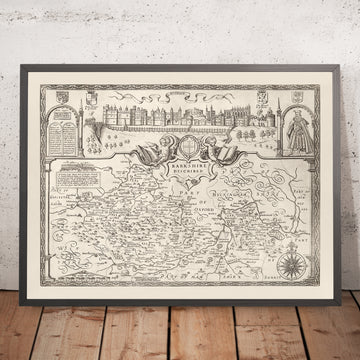 Mapa monocromo antiguo de Berkshire 1611 por John Speed ​​- Lectura, Slough, Bracknell, Maidenhead, Henley, Eton, Castillo de Windsor