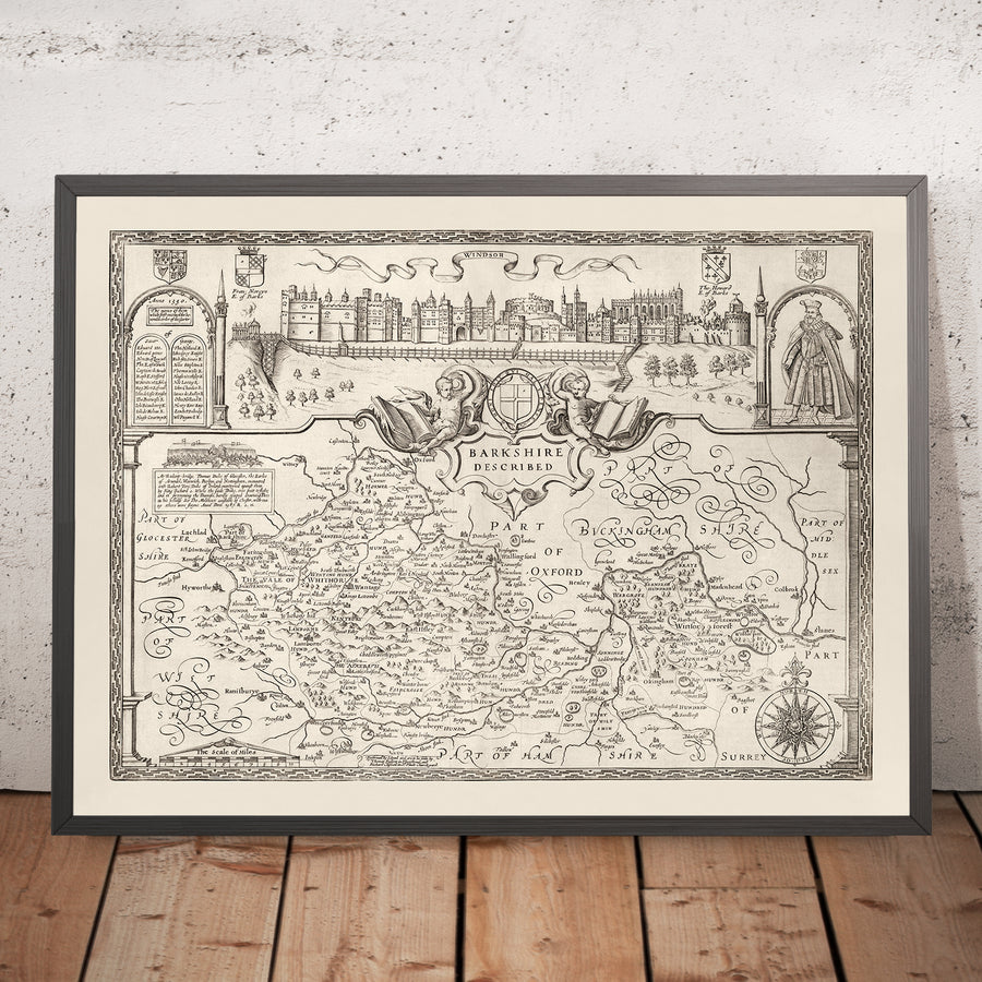 La carte monochrome ancienne de Berkshire 1611 par John Speed - Reading, Slough, Bracknell, Maidenhead, Henley, Eton, Windsor Castle