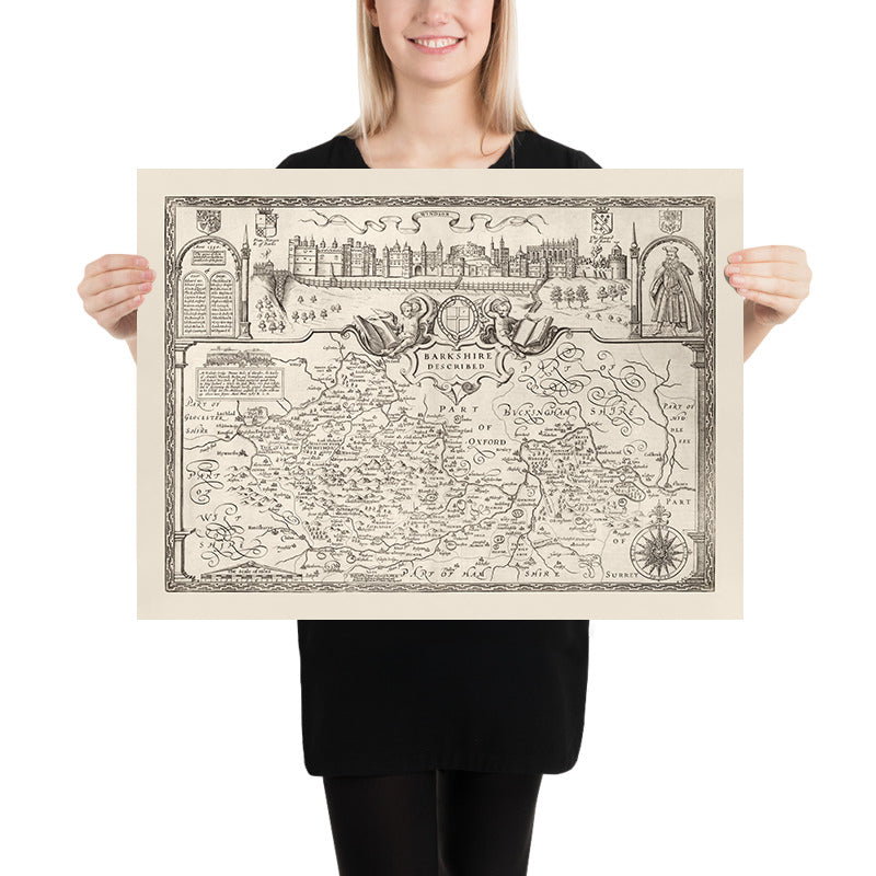 La carte monochrome ancienne de Berkshire 1611 par John Speed - Reading, Slough, Bracknell, Maidenhead, Henley, Eton, Windsor Castle