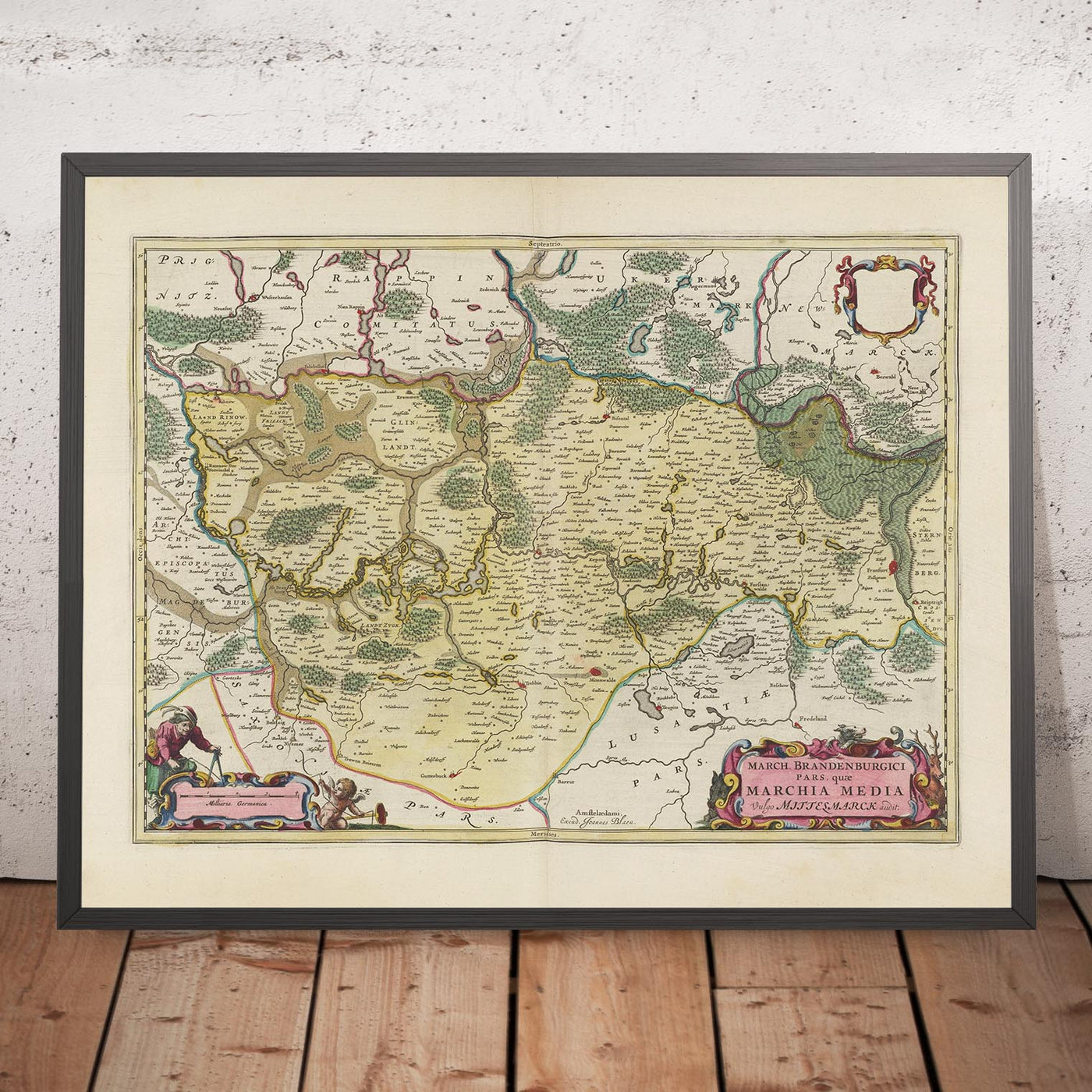 Alte Karte von Berlin-Brandenburg von Joan Blaeu, 1665: Berlin, Potsdam, Cottbus, Frankfurt an der Oder und Brandenburg an der Havel, mit der Spree, Havel und der Märkischen Schweiz 