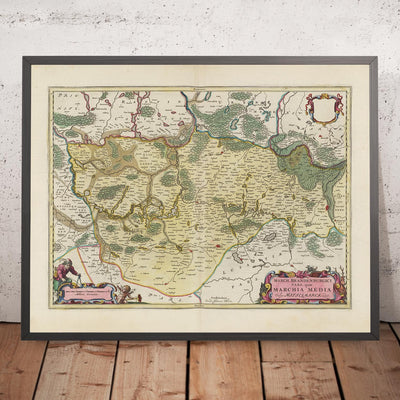 Alte Karte von Berlin-Brandenburg von Joan Blaeu, 1665: Berlin, Potsdam, Cottbus, Frankfurt an der Oder und Brandenburg an der Havel, mit der Spree, Havel und der Märkischen Schweiz 