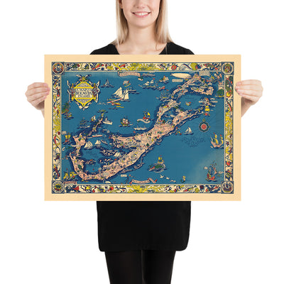 Old Pictorial Map of Bermuda by Shurtleff, 1930: Hamilton, St. George's, Great Sound, Sea Monsters, Ships