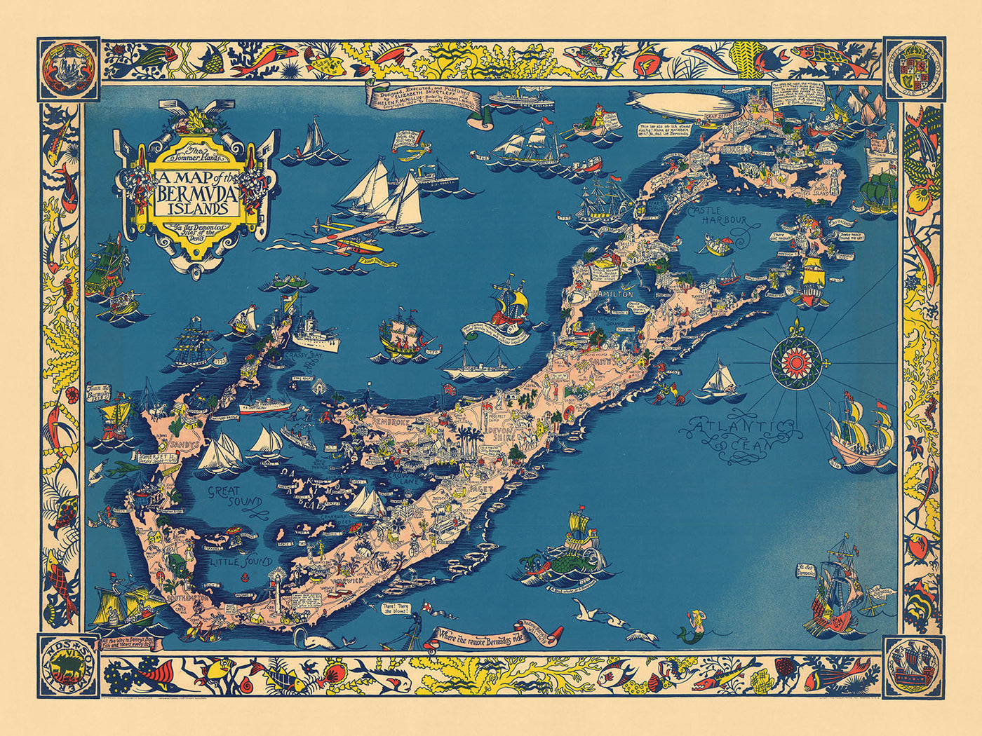Old Pictorial Map of Bermuda by Shurtleff, 1930: Hamilton, St. George's, Great Sound, Sea Monsters, Ships