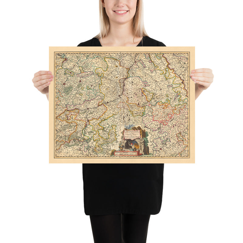 Mapa antiguo del obispado de Lieja, Bélgica por Visscher, 1690: Bruselas, Amberes, Colonia, Bonn, Düsseldorf
