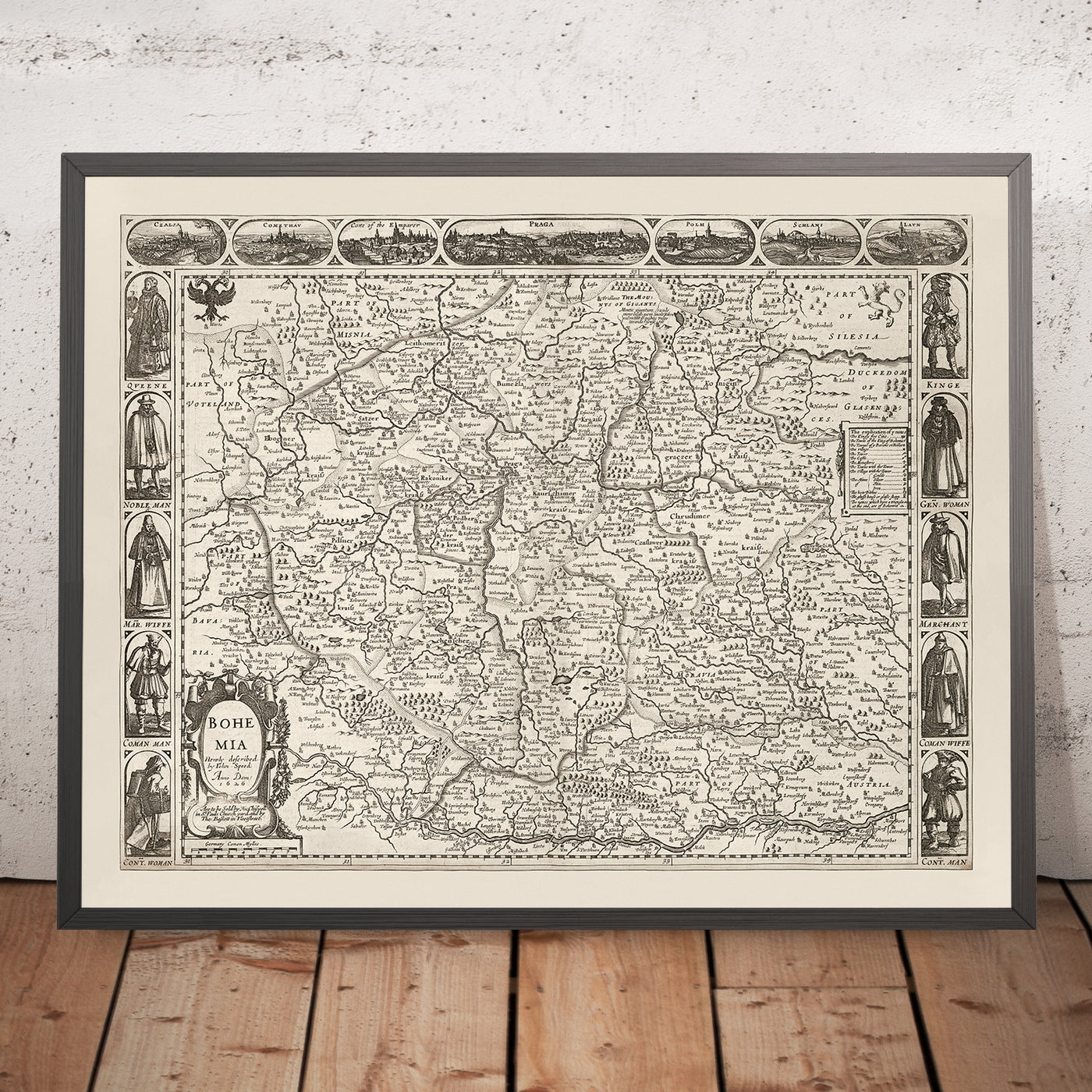 Ancienne carte monochrome de la Bohême par Speed, 1626 : République tchèque, Prague, rivières, illustrations 